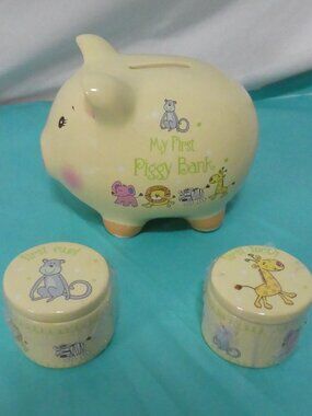 BABY ESSENTIALS 3PC Ceramic Keepsake Set My First Piggy Bank Tooth and Curl Jars